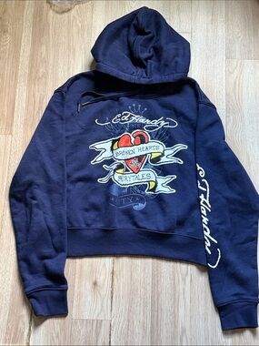 Ed Hardy Cropped Navy Pullover Hoodie with Red & Yellow Heart Graphic